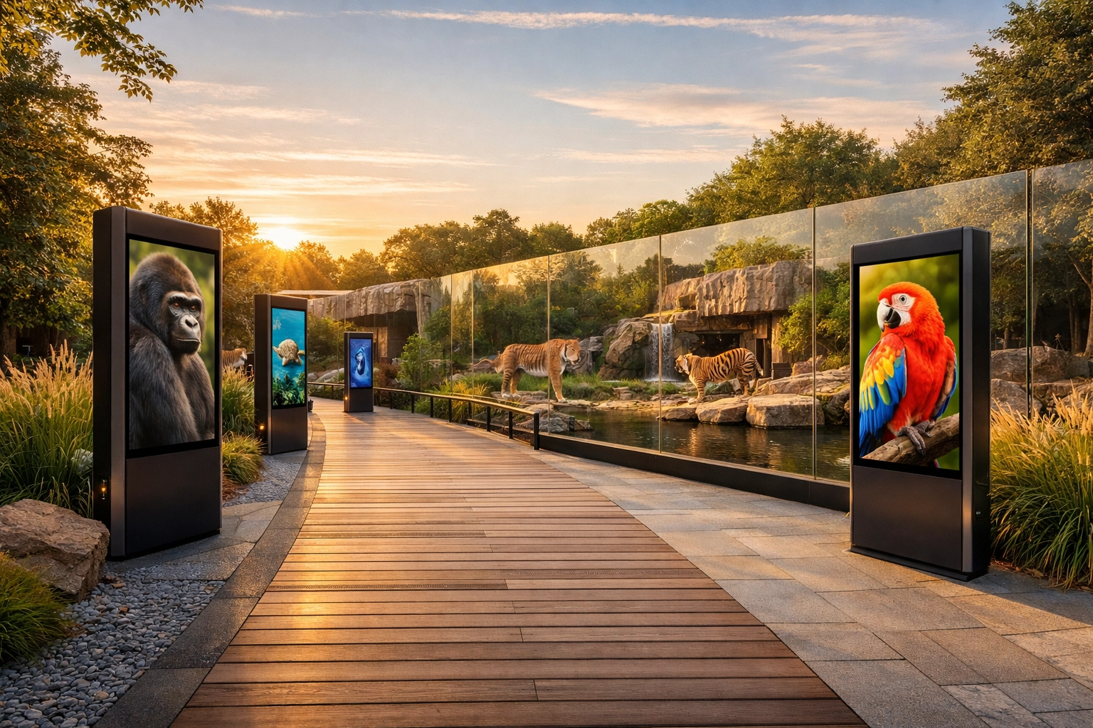 Modern zoo walkway featuring integrated digital signage pylons and high-tech visual communication displays.