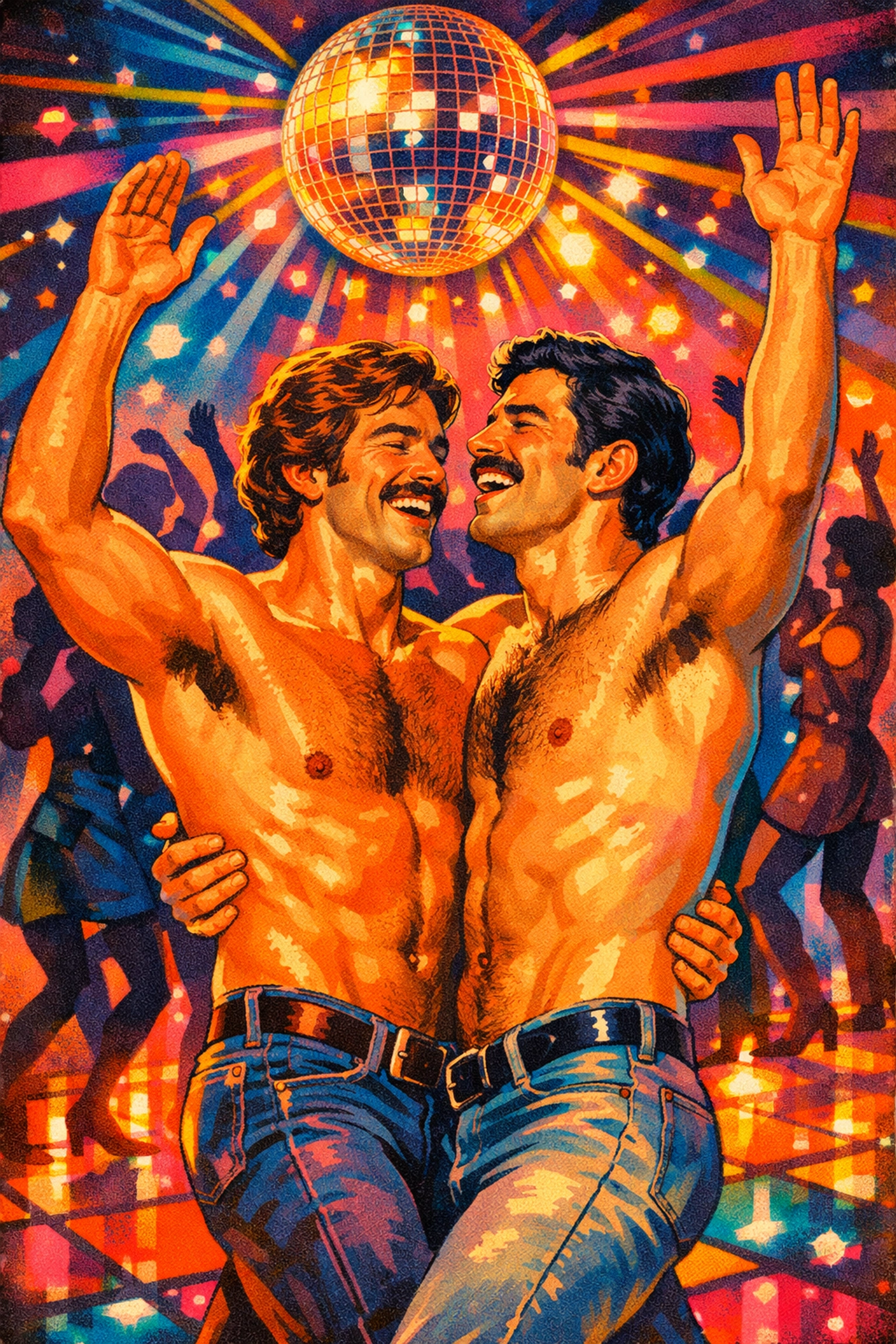 Two gay men dancing together at 1970s disco celebrating freedom and liberation