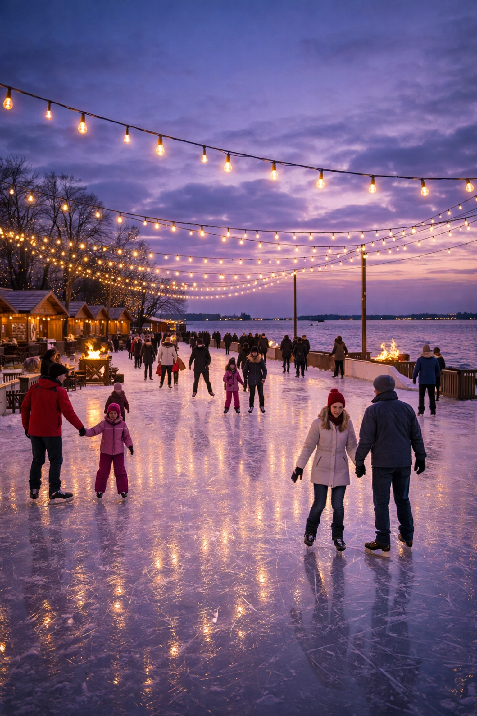 Families ice skating at RiverRink Winterfest with string lights and fire pits near South Jersey