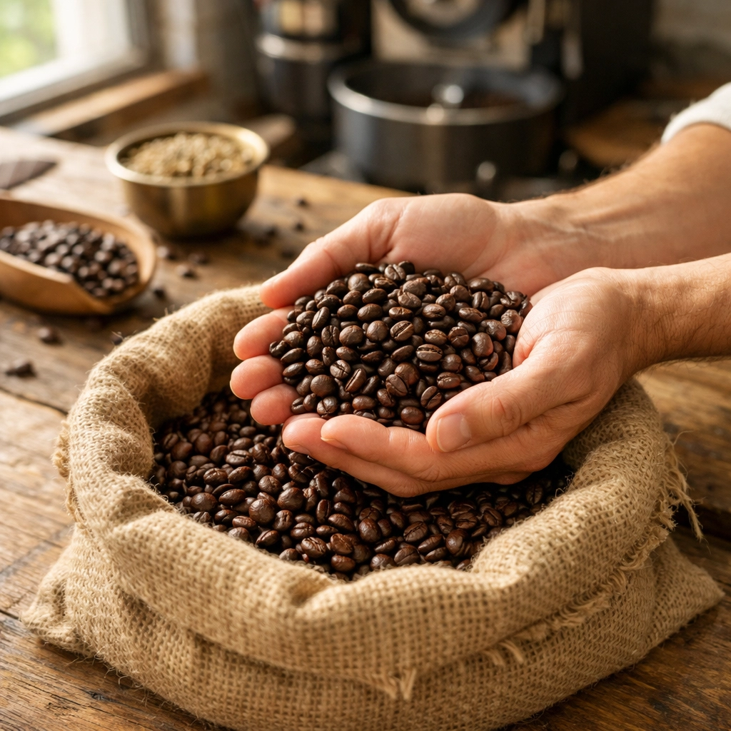Artisan hands holding freshly roasted specialty coffee beans in a sunlit roastery, showing quality sourcing.