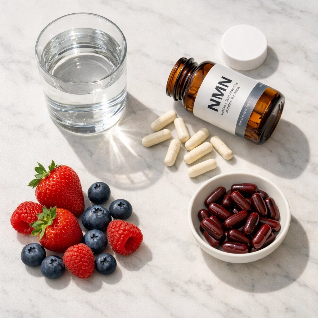 Daily NMN 300mg and resveratrol supplement routine for healthy aging