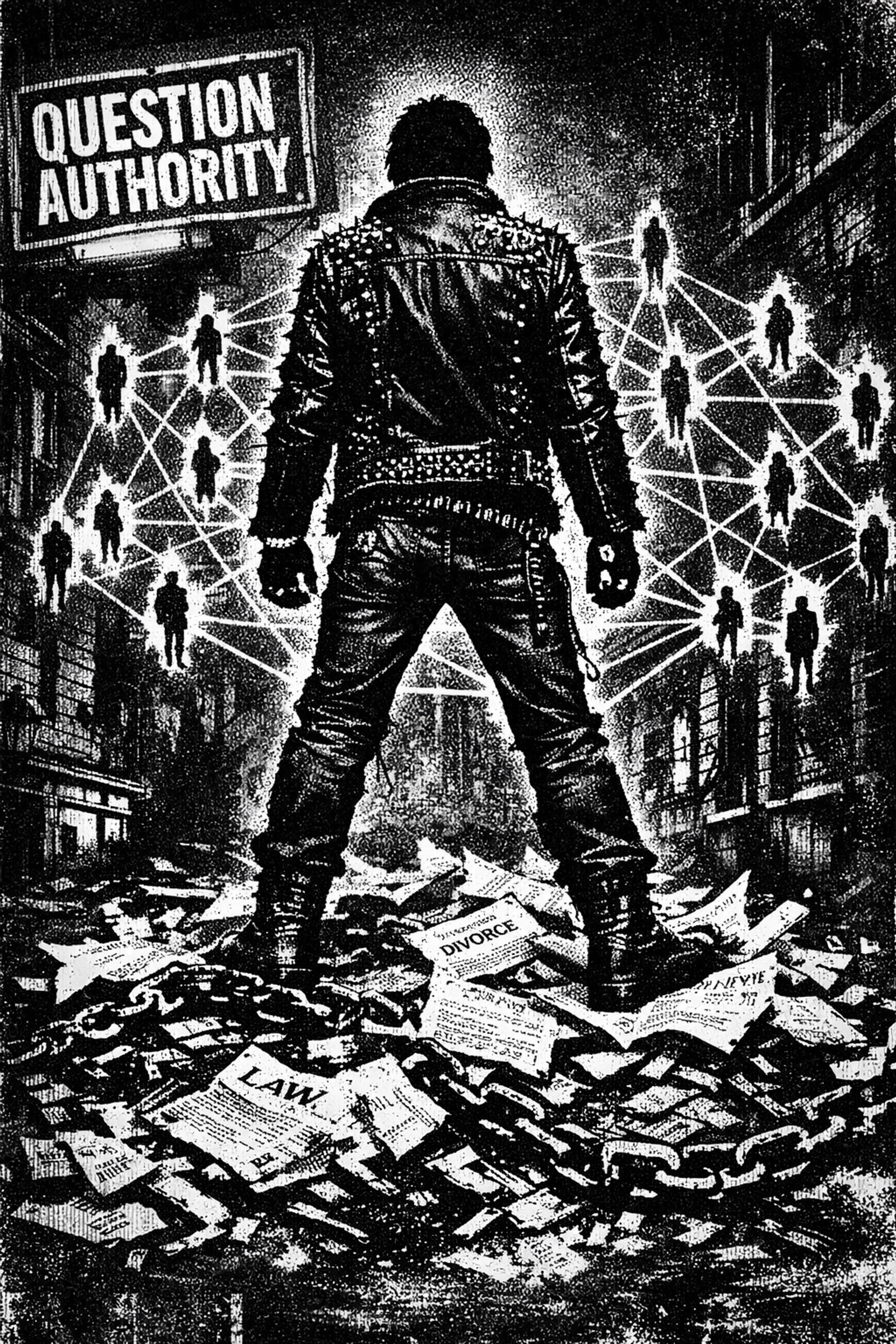 Gritty street art representing relationship freedom and the rejection of state-mandated social models.