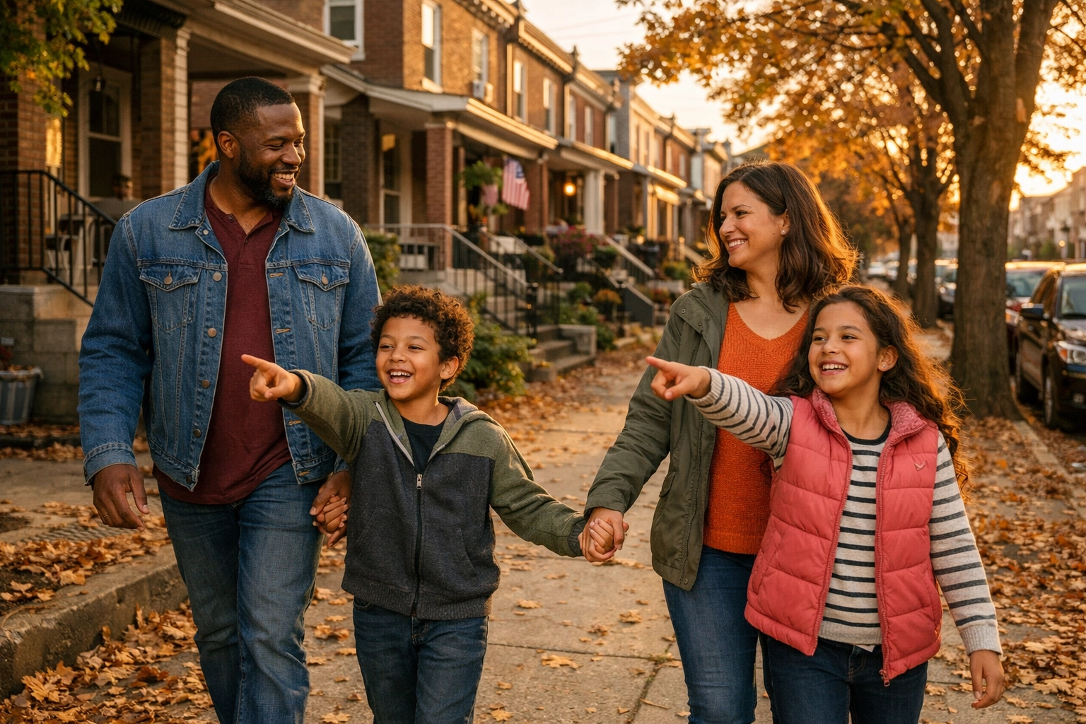 Family walking in affordable Philadelphia neighborhood with rowhomes