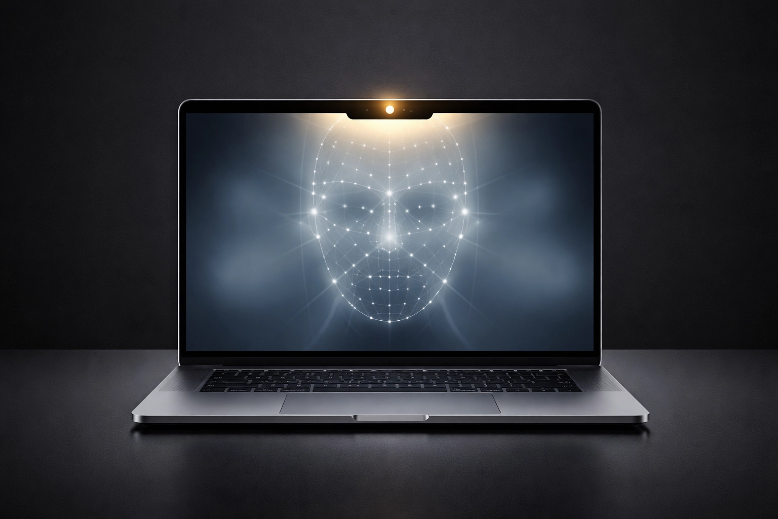 Modern laptop with facial recognition highlights secure, passwordless login with biometric authentication.