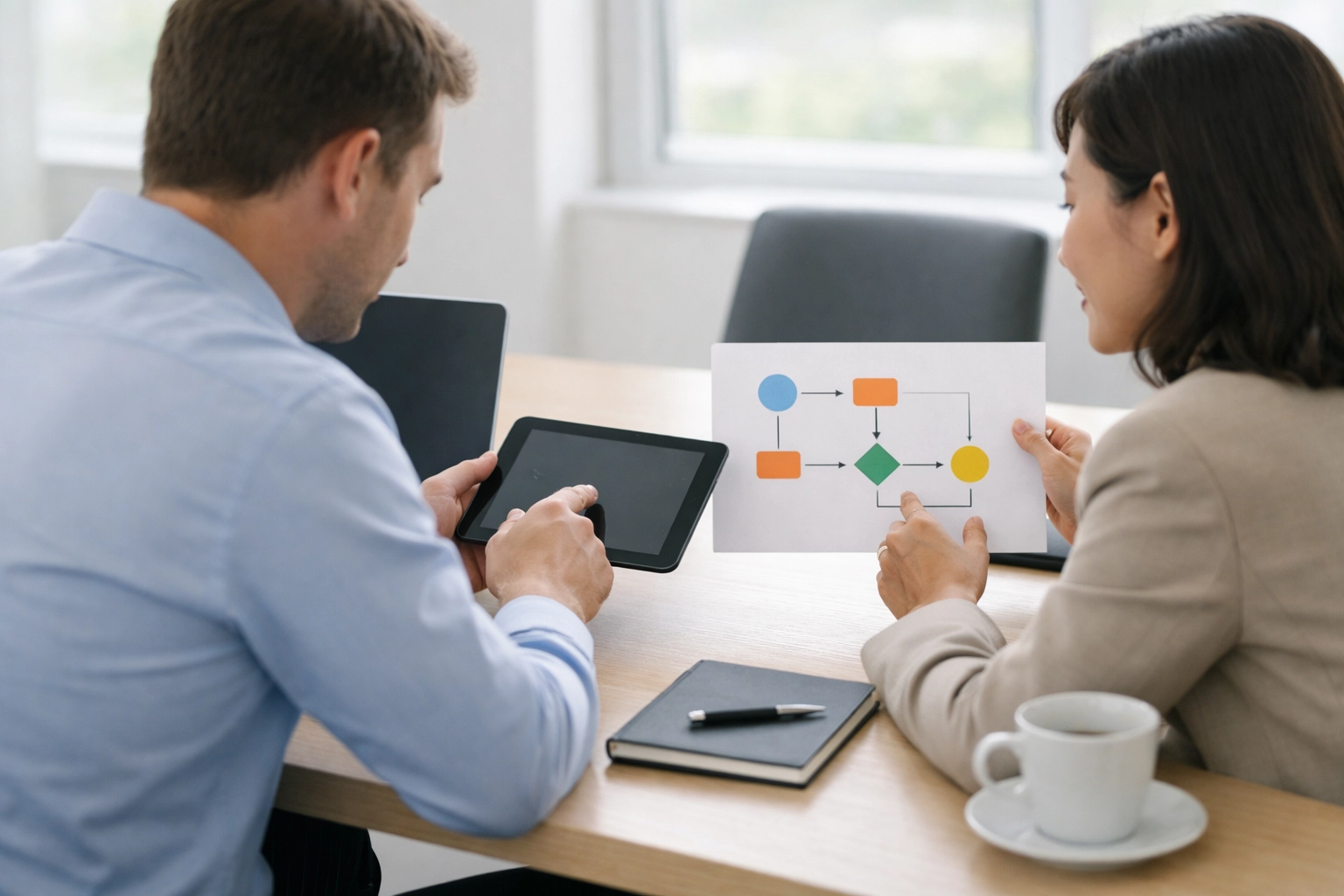 Professionals reviewing a process map during TIG Tax Pros service bureau onboarding and enablement.