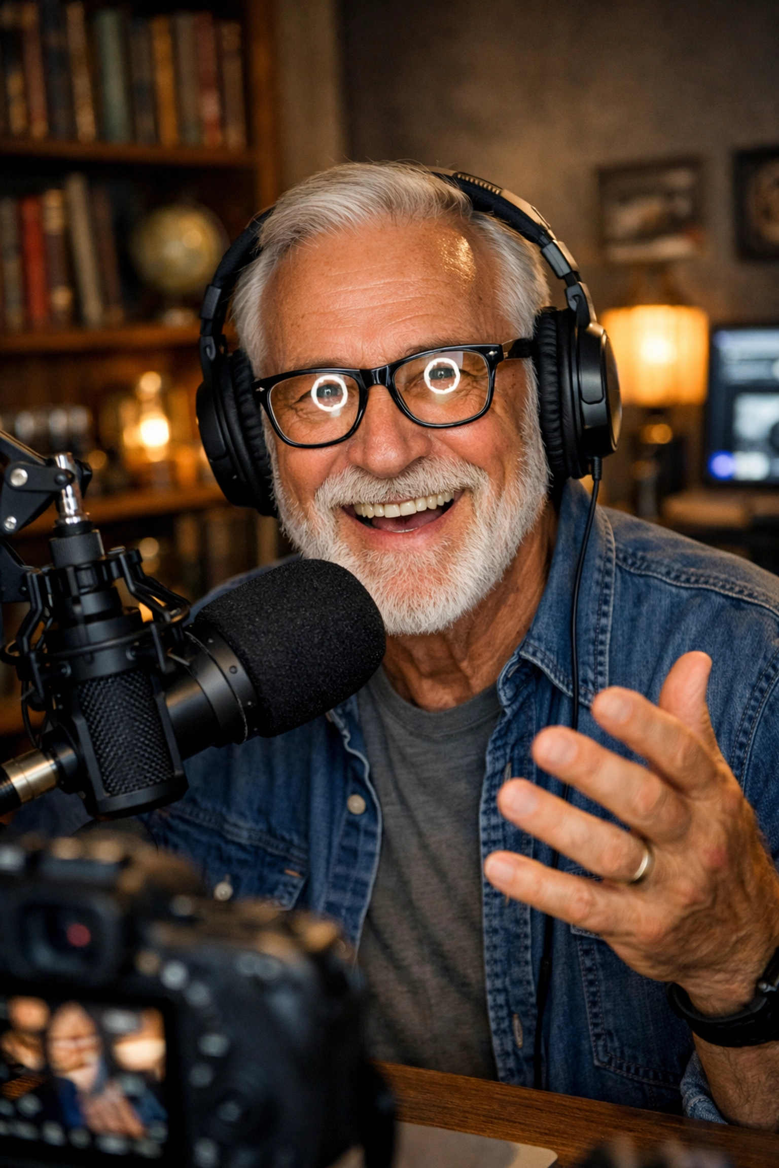 Senior man using a microphone and ring light to execute a modern content creation strategy and vlog in retirement.