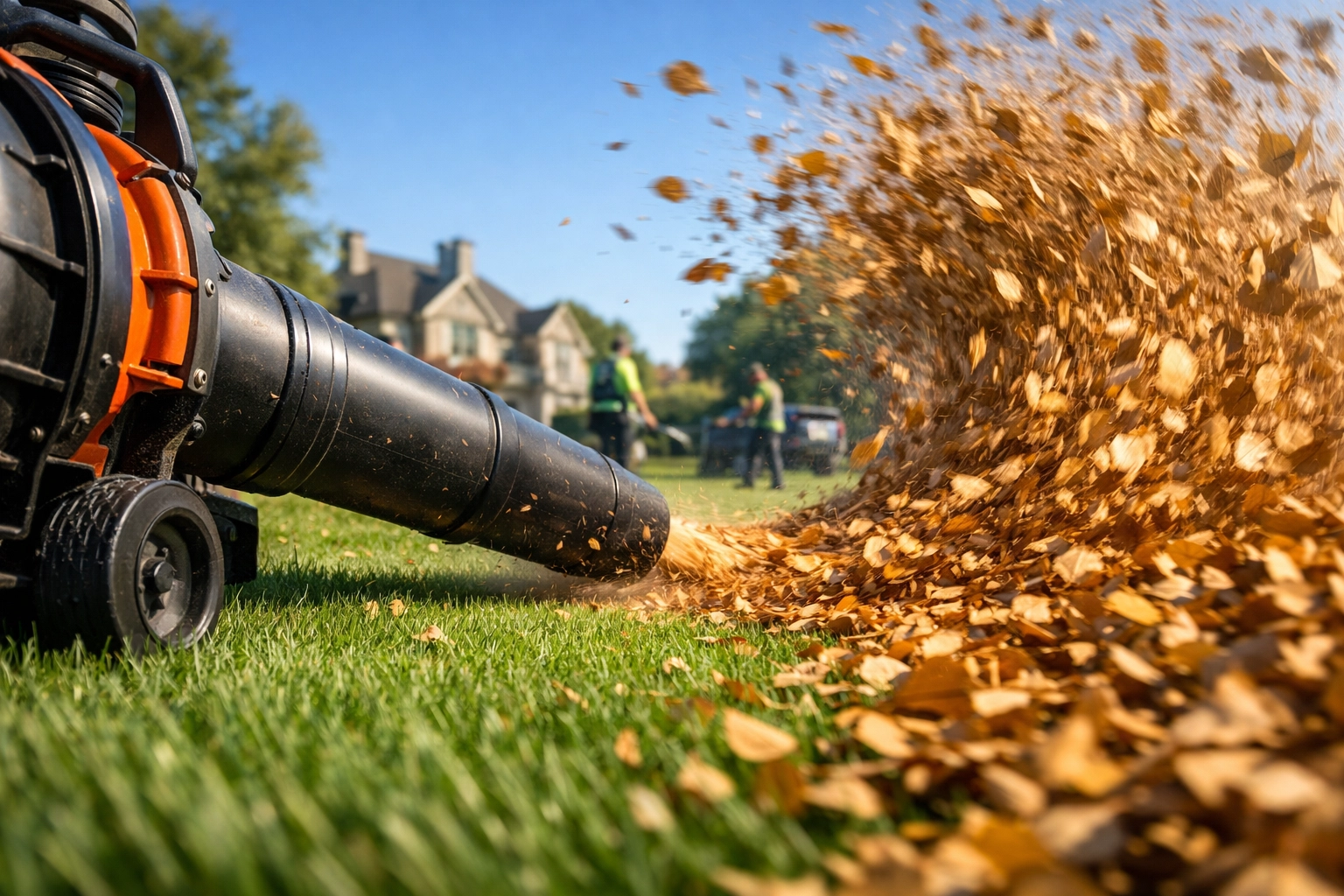 High-powered leaf blower clearing debris from an emerald green Clarkston lawn during spring maintenance.