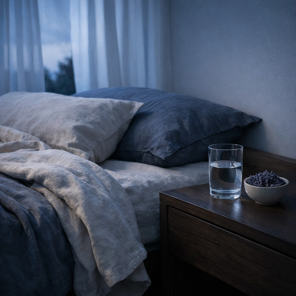 Peaceful screen-free bedroom sanctuary for better sleep and mental recovery for busy women.