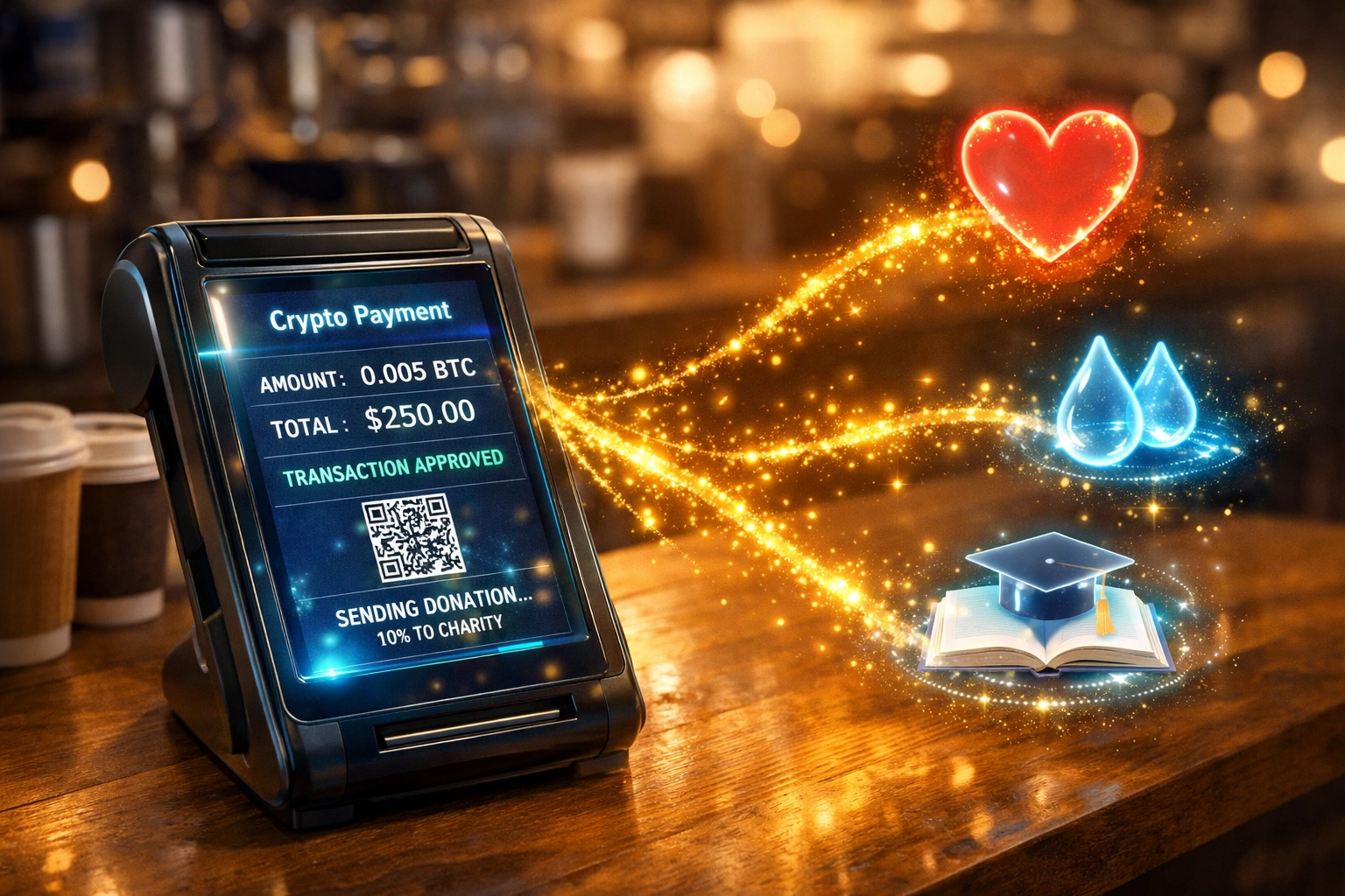 Crypto POS terminal displaying Larecoin payment with charity donations flowing to global causes
