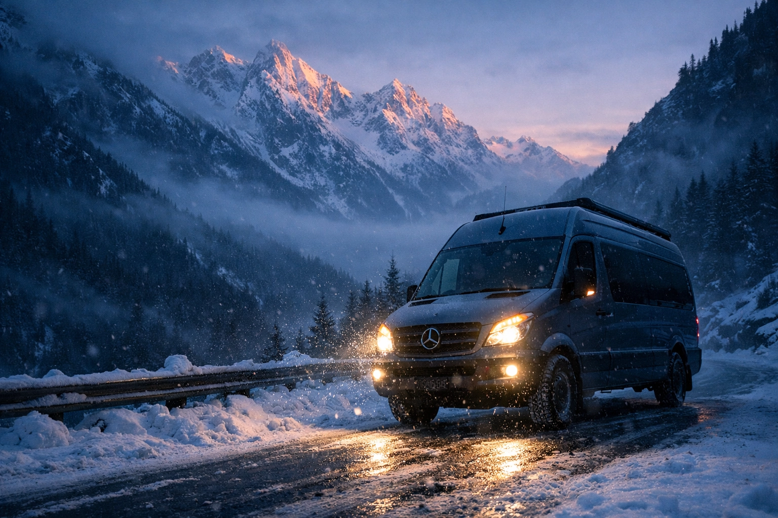 A Mercedes Sprinter van parked on a snowy North Cascades road highlighting the need for winter reliability.