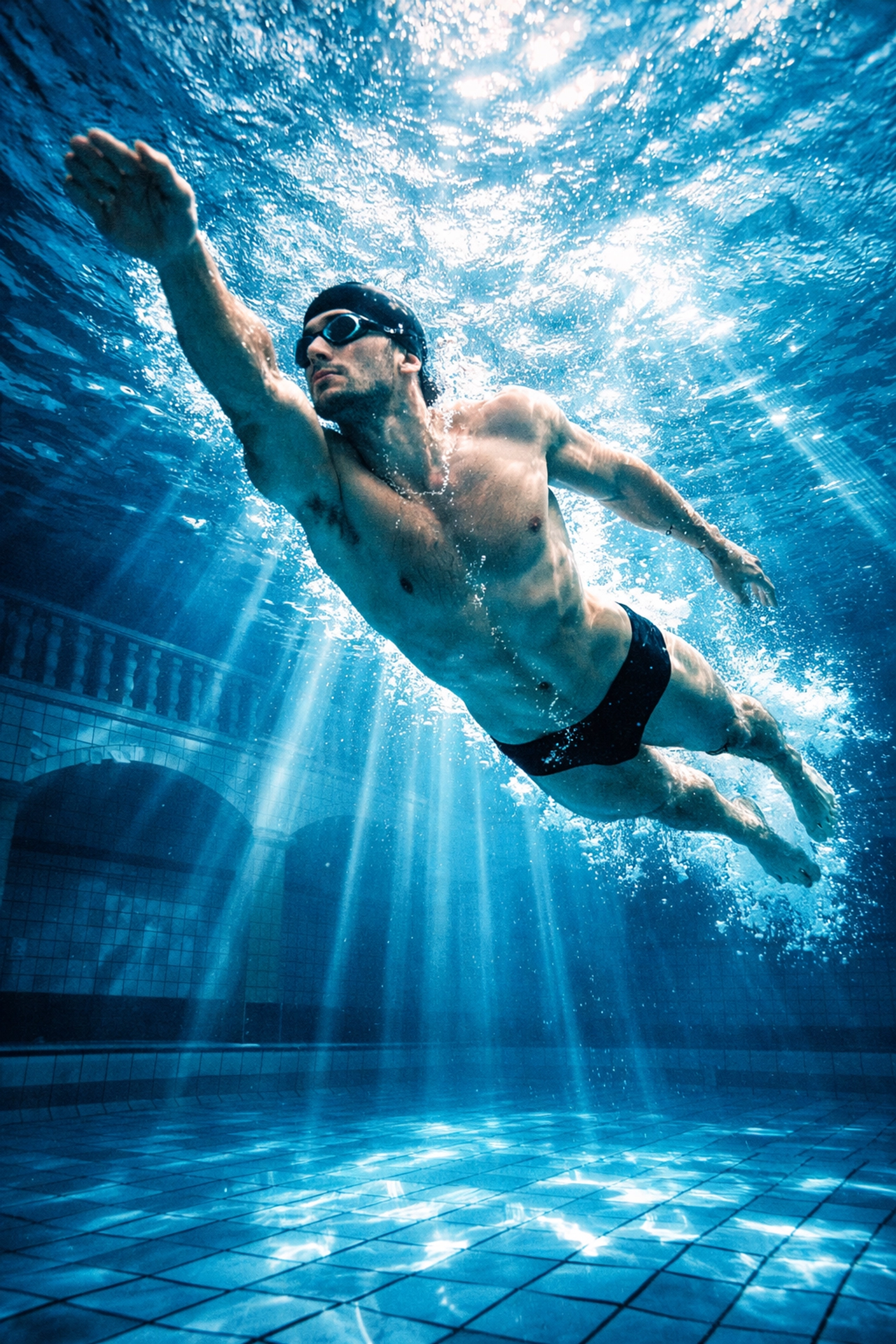 Male swimmer training underwater in historic Berlin pool with blue water