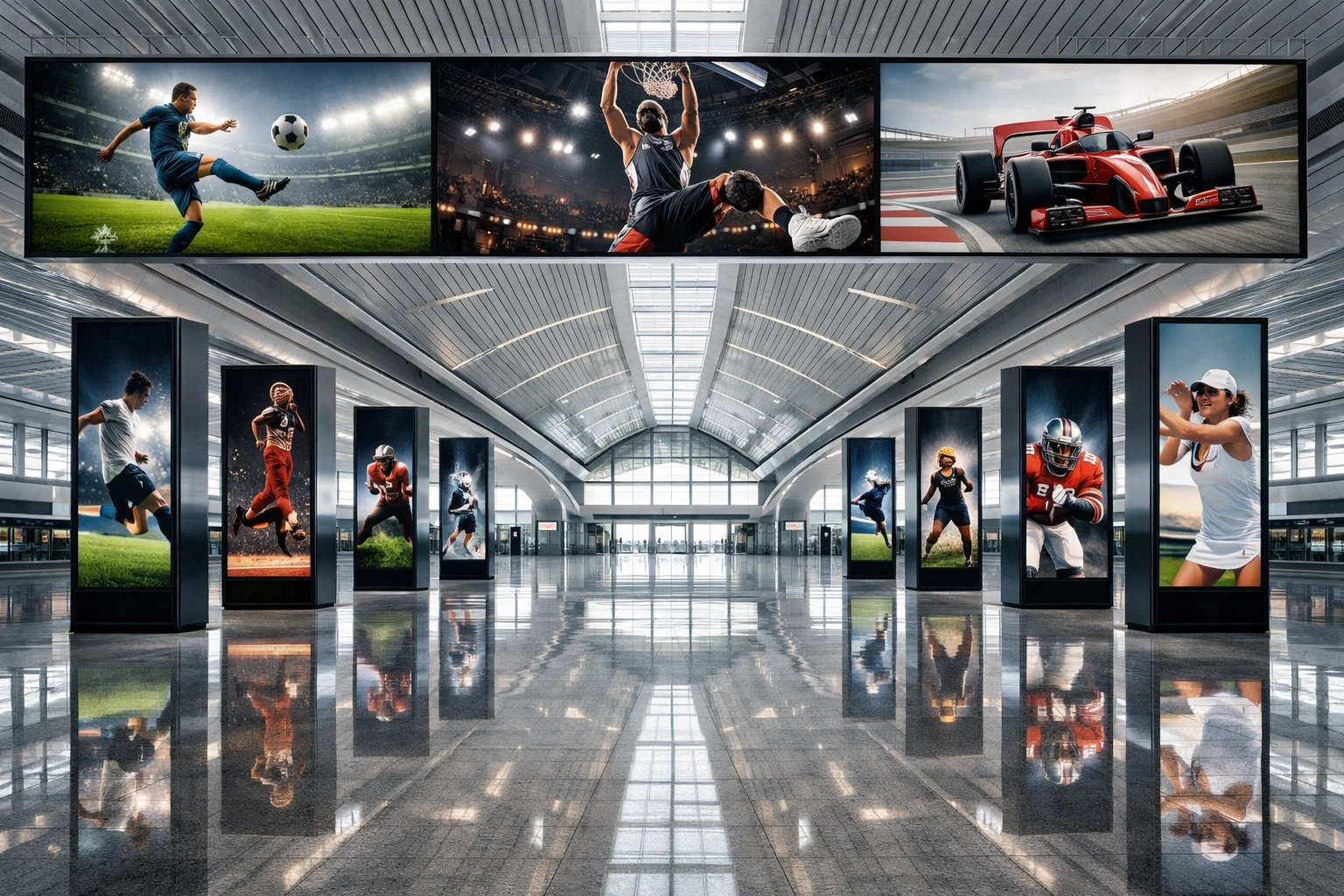 Modern transit terminal with multiple digital pillars and banners featuring sports-themed media.