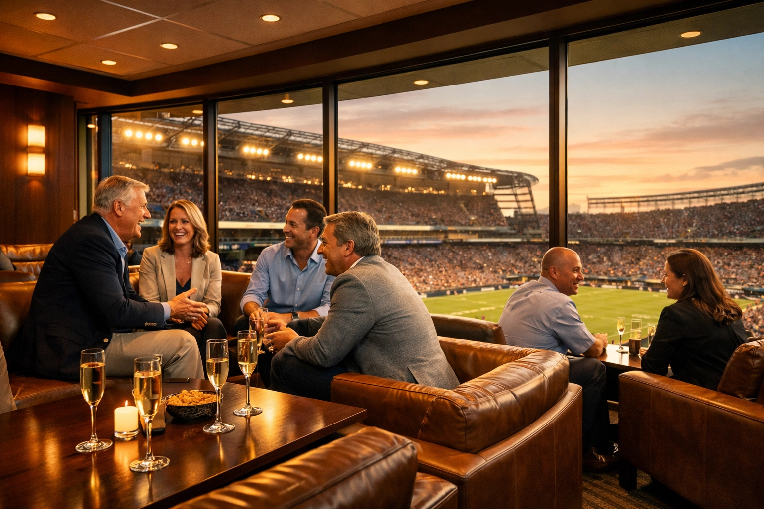 Super Bowl Branding Blitz: How to Maximize Your Company's ROI with Strategic Executive Presence Executives networking in luxury VIP suite overlooking Super Bowl stadium field