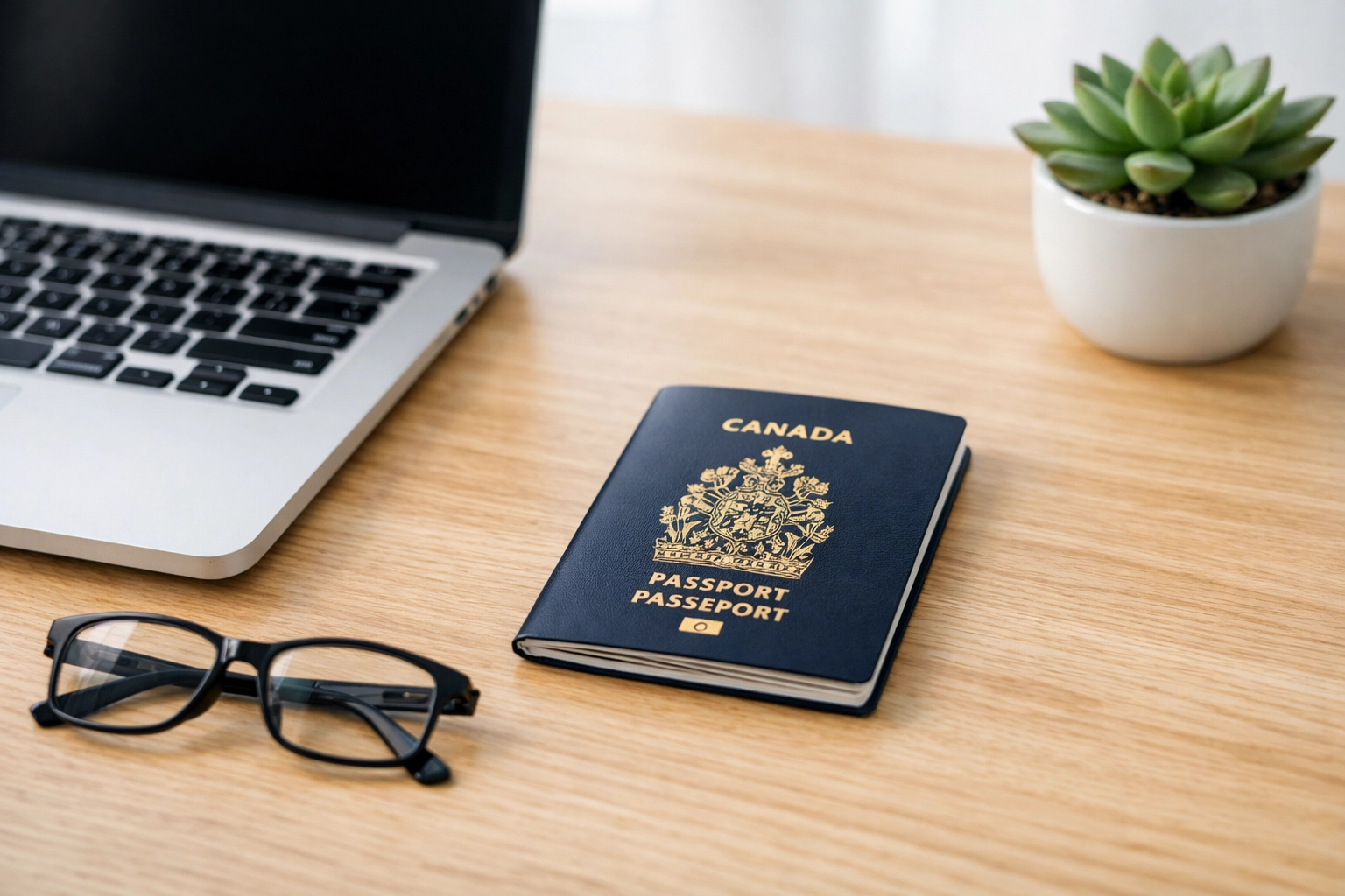 Sleek workspace with a laptop and Canadian passport, ready for an easy online payday loan application.