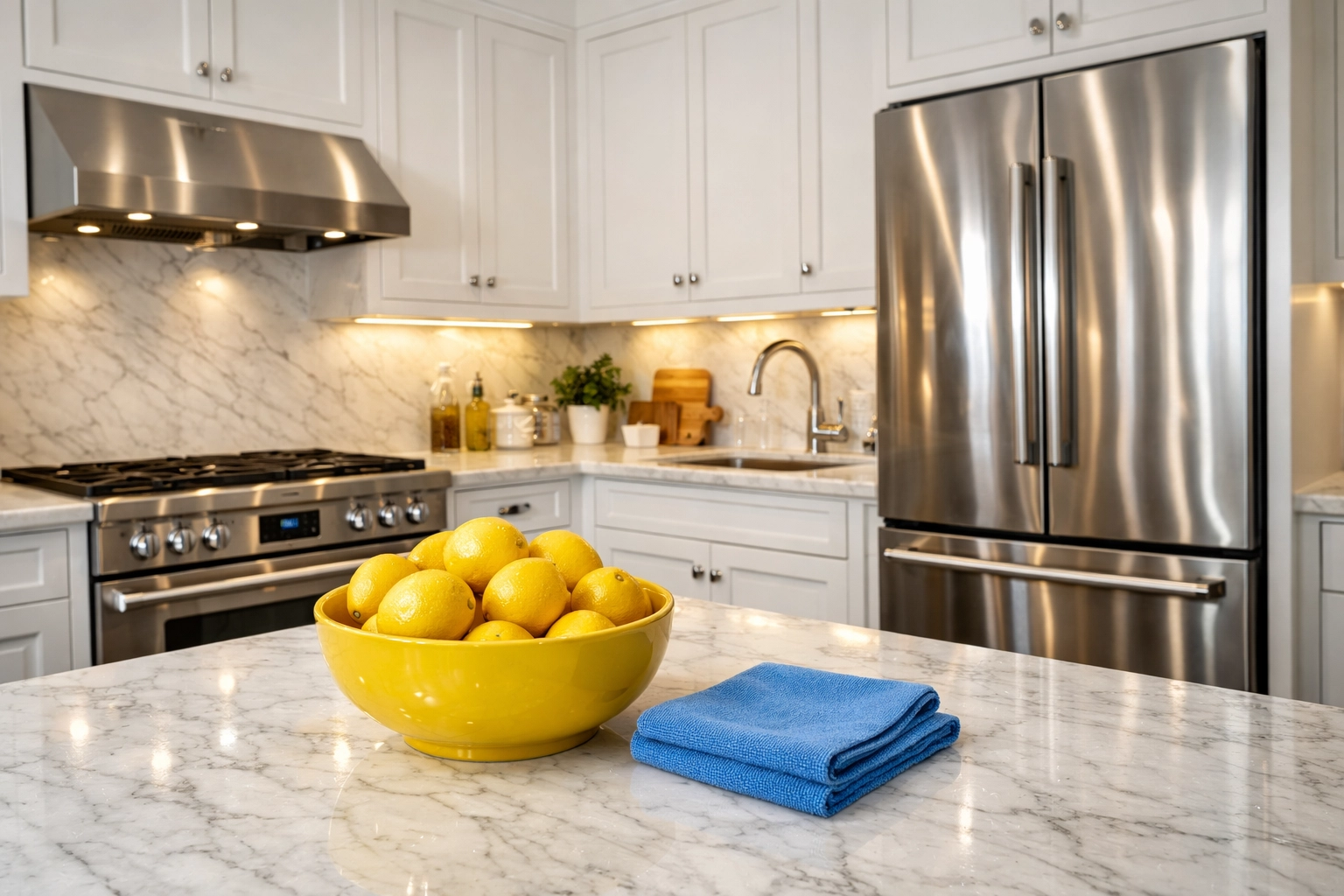 Sparkling clean kitchen with white cabinets and marble counters after a professional move-in cleaning.