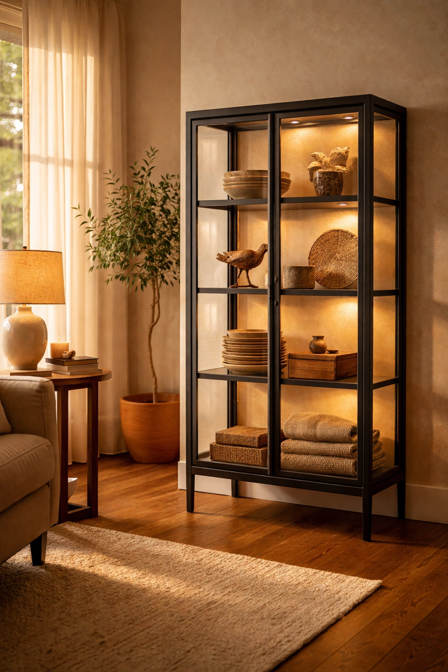 Rustic living room with a glass display cabinet showcasing a rotating collection of handmade treasures in a cozy, well-lit setting