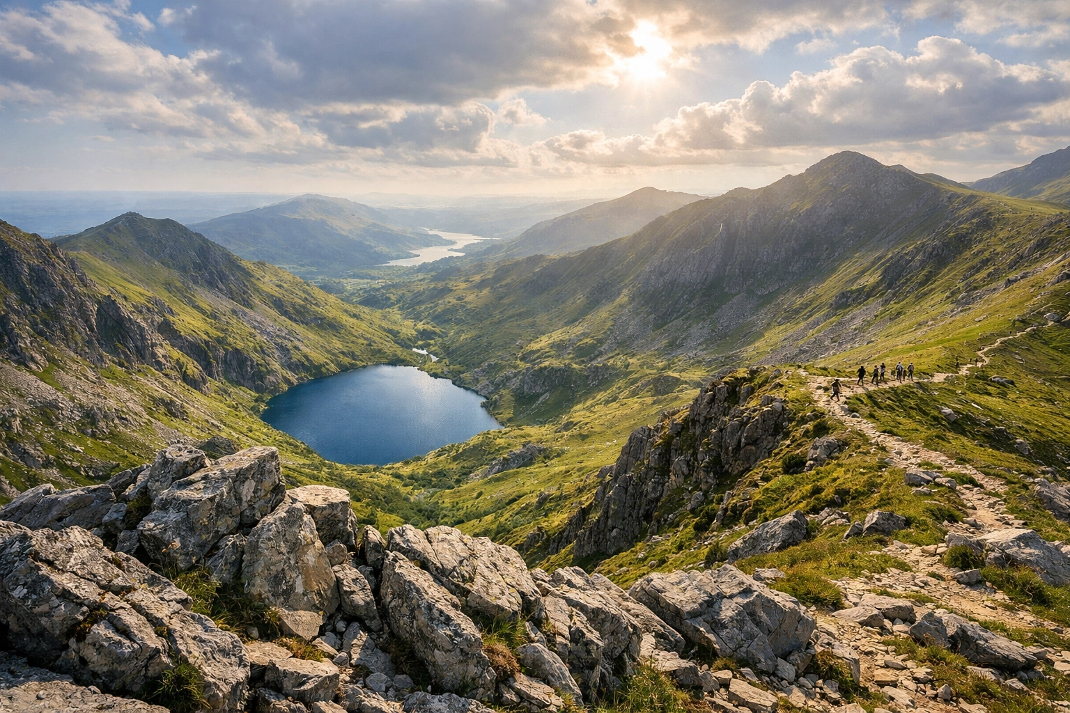 Scenic ridge trail in Snowdonia National Park, perfect for hikers on guided adventure tours in Wales.
