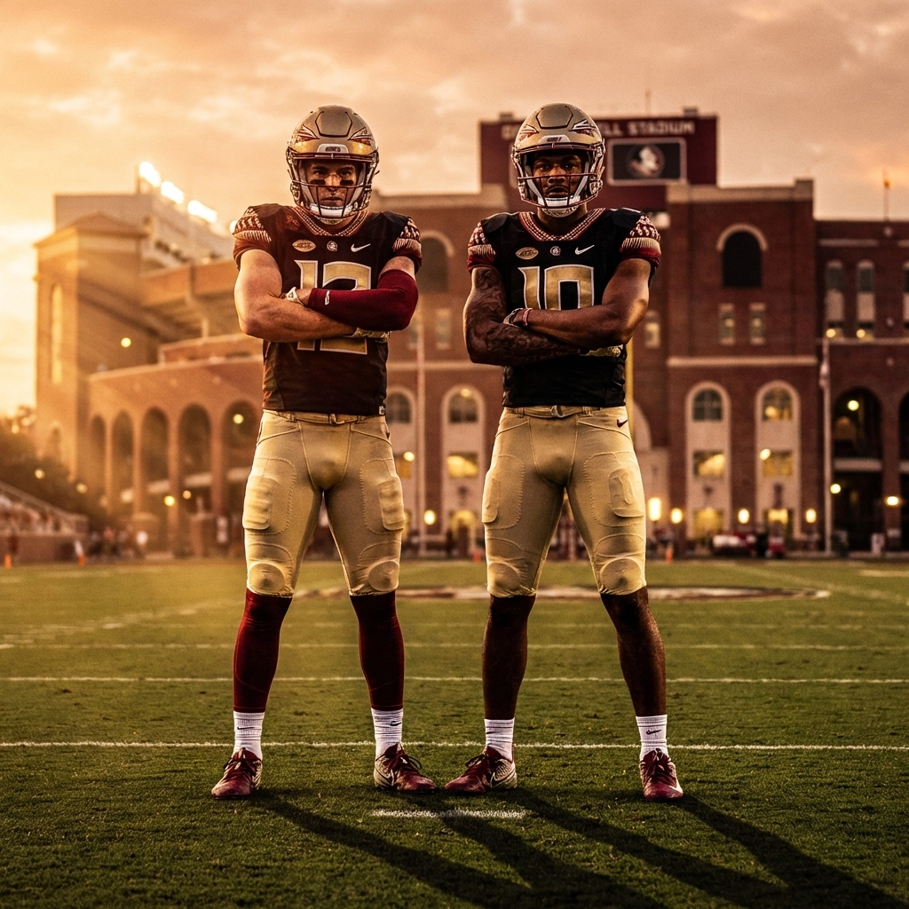 Two Florida State football players in garnet and gold uniforms stand confidently on the field at sunset, highlighting team unity and transfer portal retention.