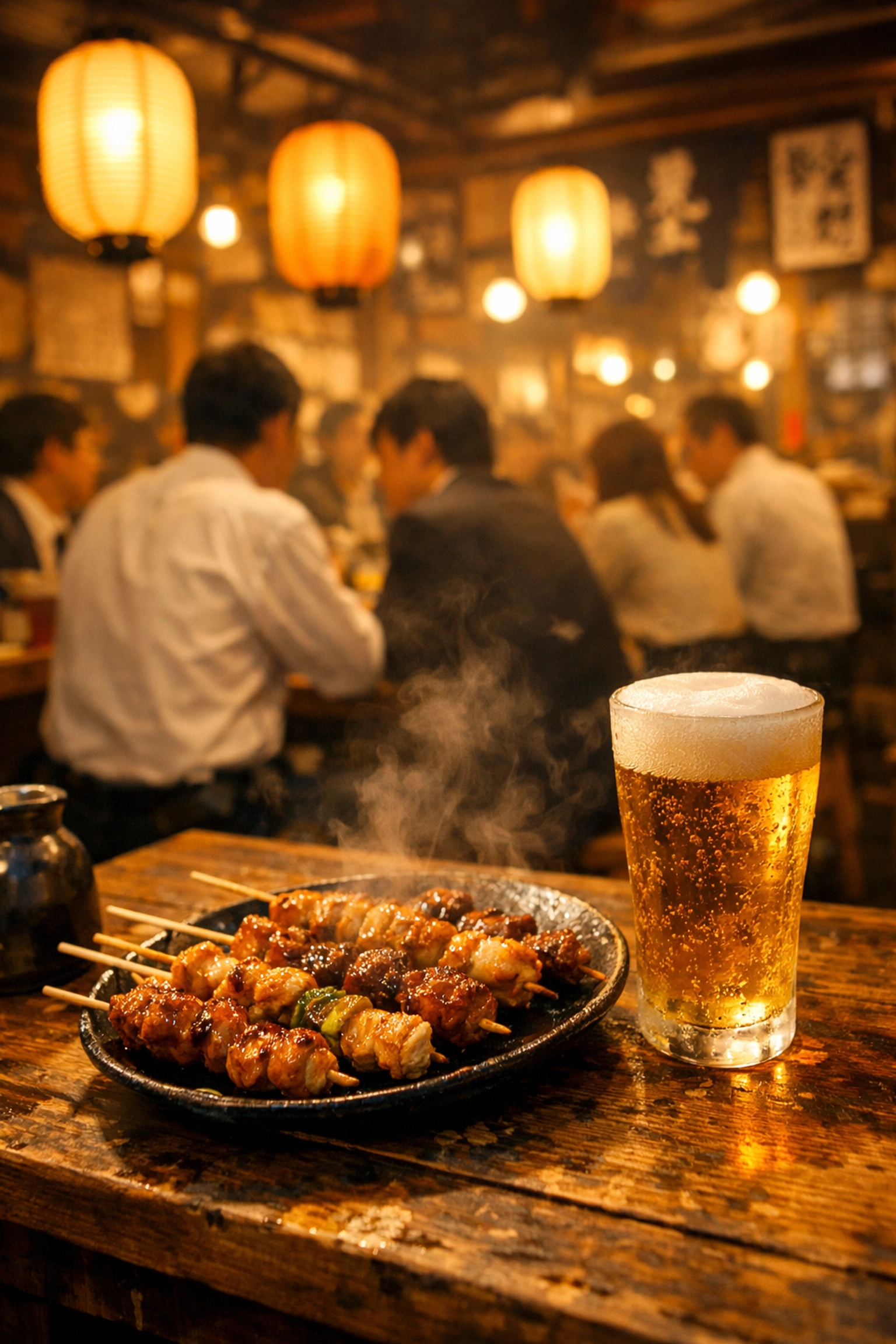Traditional yakitori skewers and beer in a Shimbashi izakaya, a top photo spot for Tokyo nightlife.