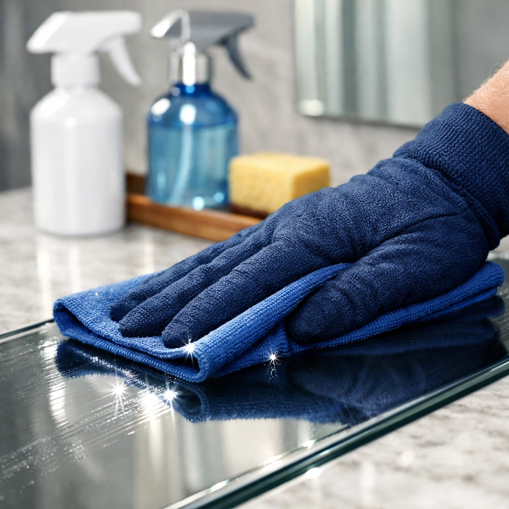 Detail of a professional house cleaning service wiping glass to a streak-free shine in Falmouth.
