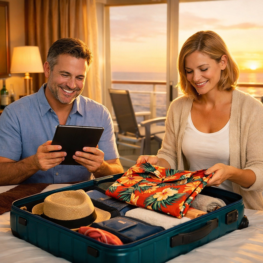 A relaxed couple packing their suitcase and checking their account in a cruise cabin at sunset.
