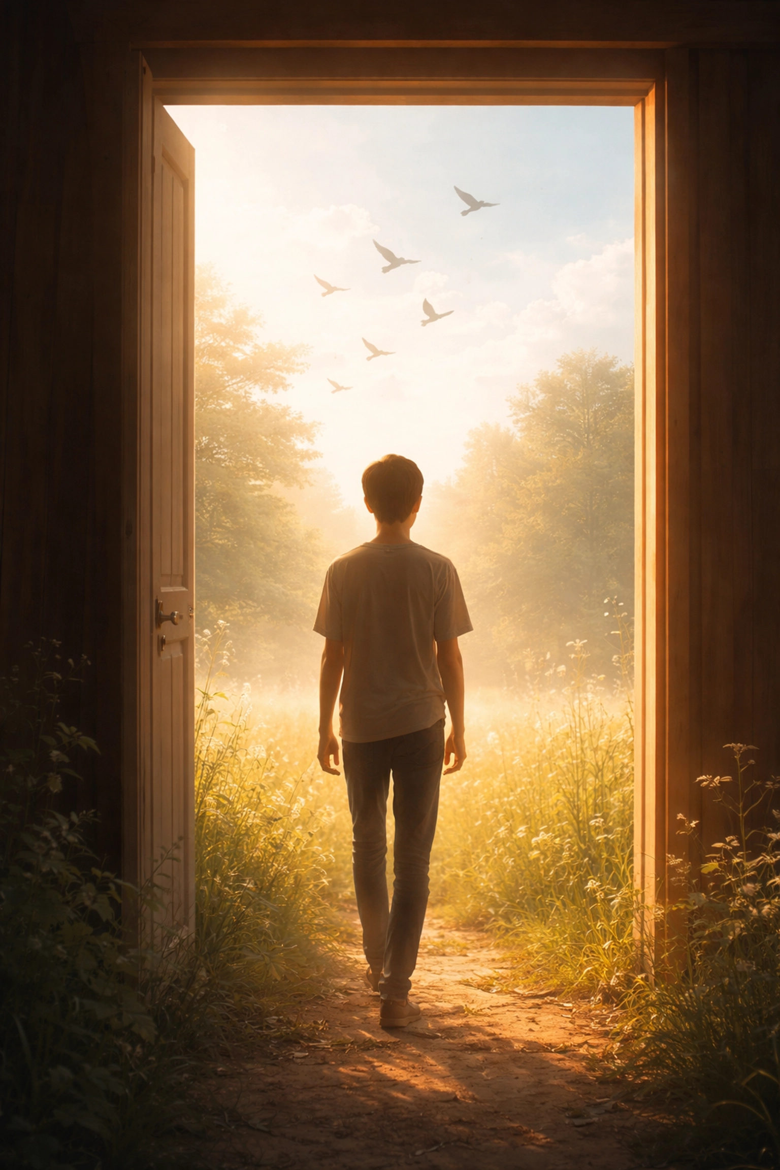 Person stepping through doorway into sunlit meadow representing courage to share your voice