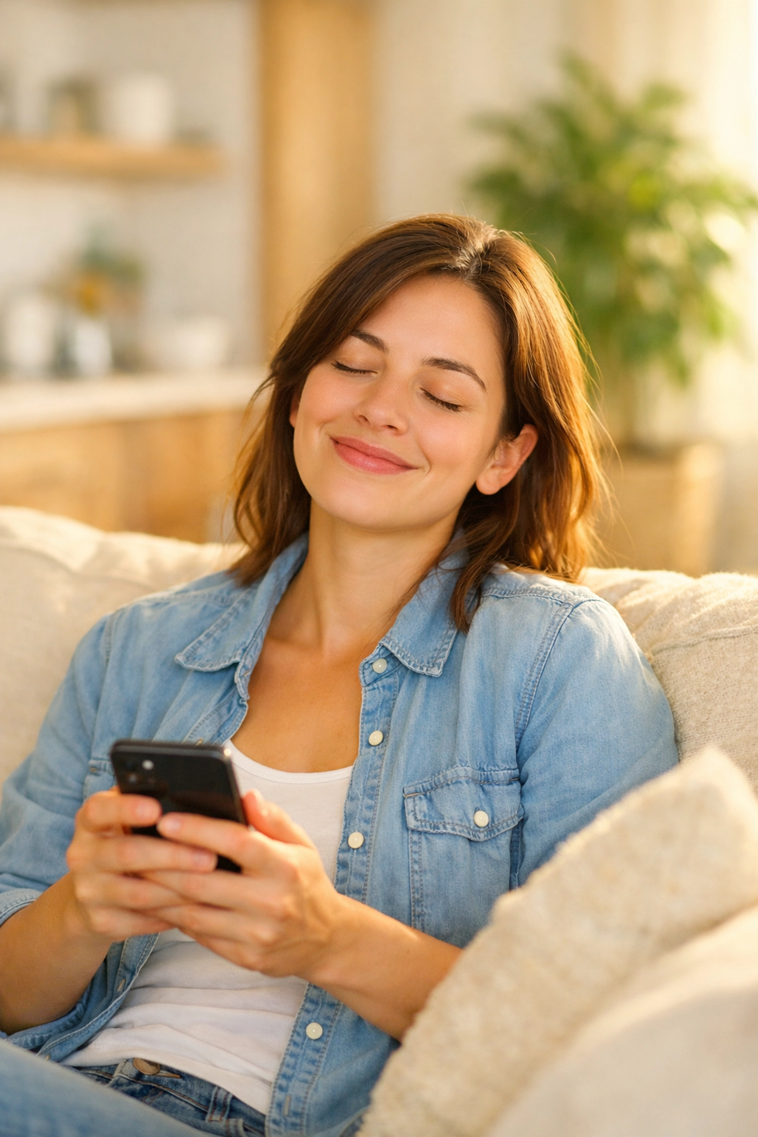 Woman on a sofa feeling relieved after a fast payday loan no credit check canada application.