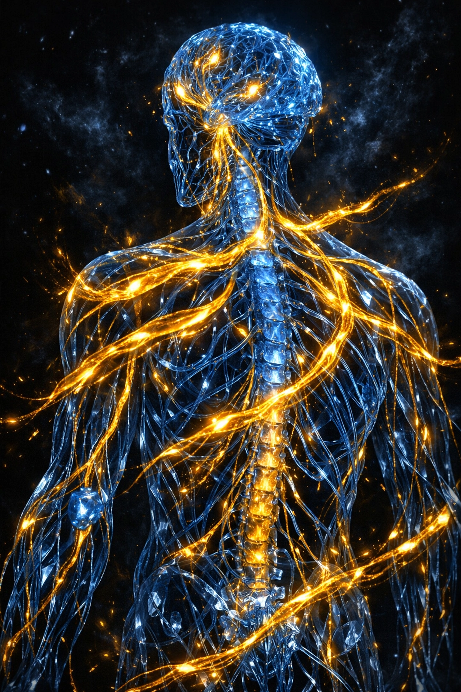Luminous nervous system with gold light representing the link between nervous system regulation and financial success.