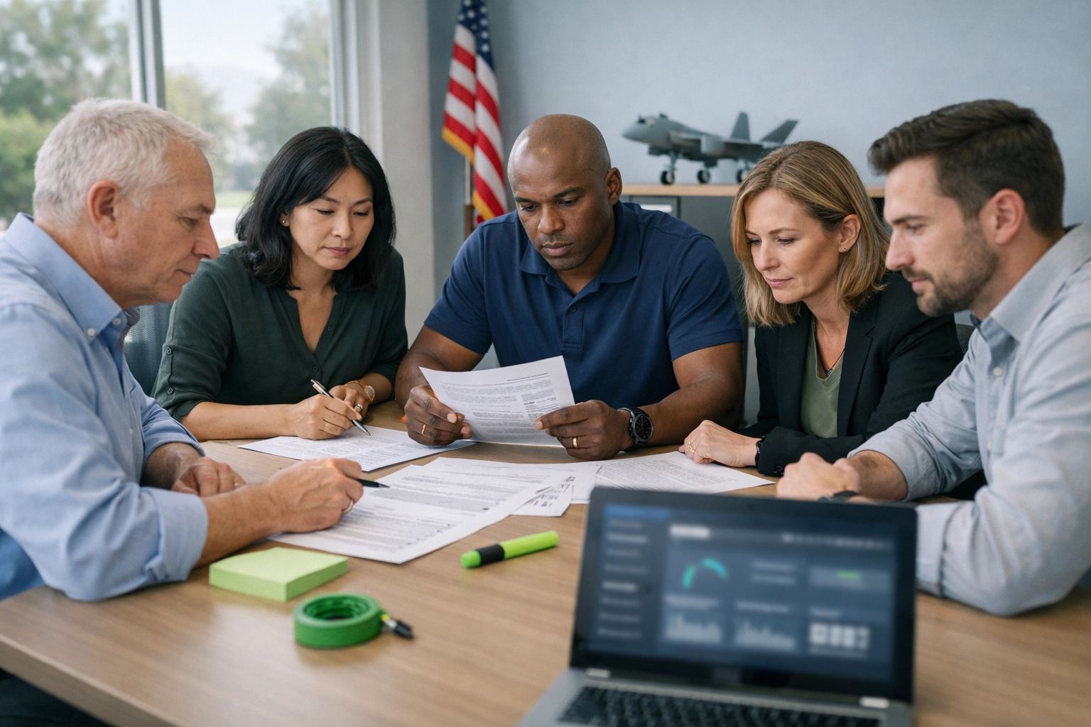 Ventura defense contractor team reviewing CMMC 2.0 compliance documents in a conference room.