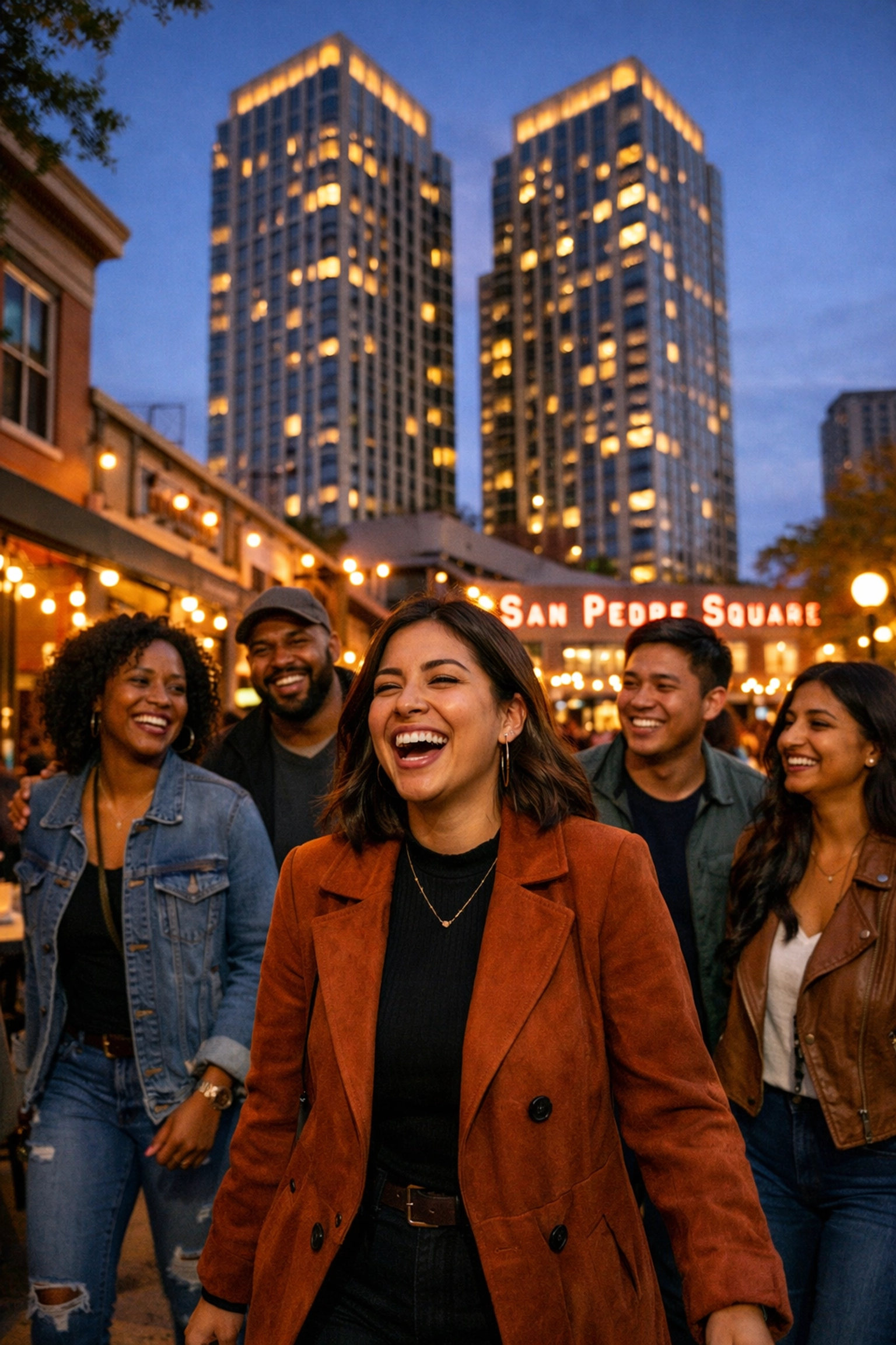 Diverse group walking in San Pedro Square with the 188 West Saint James residential towers in the background.