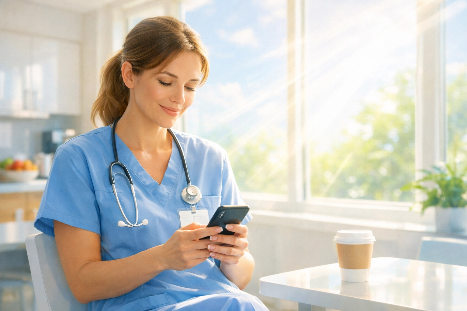 A medical worker in a hospital breakroom using her phone to connect with an online prayer community.