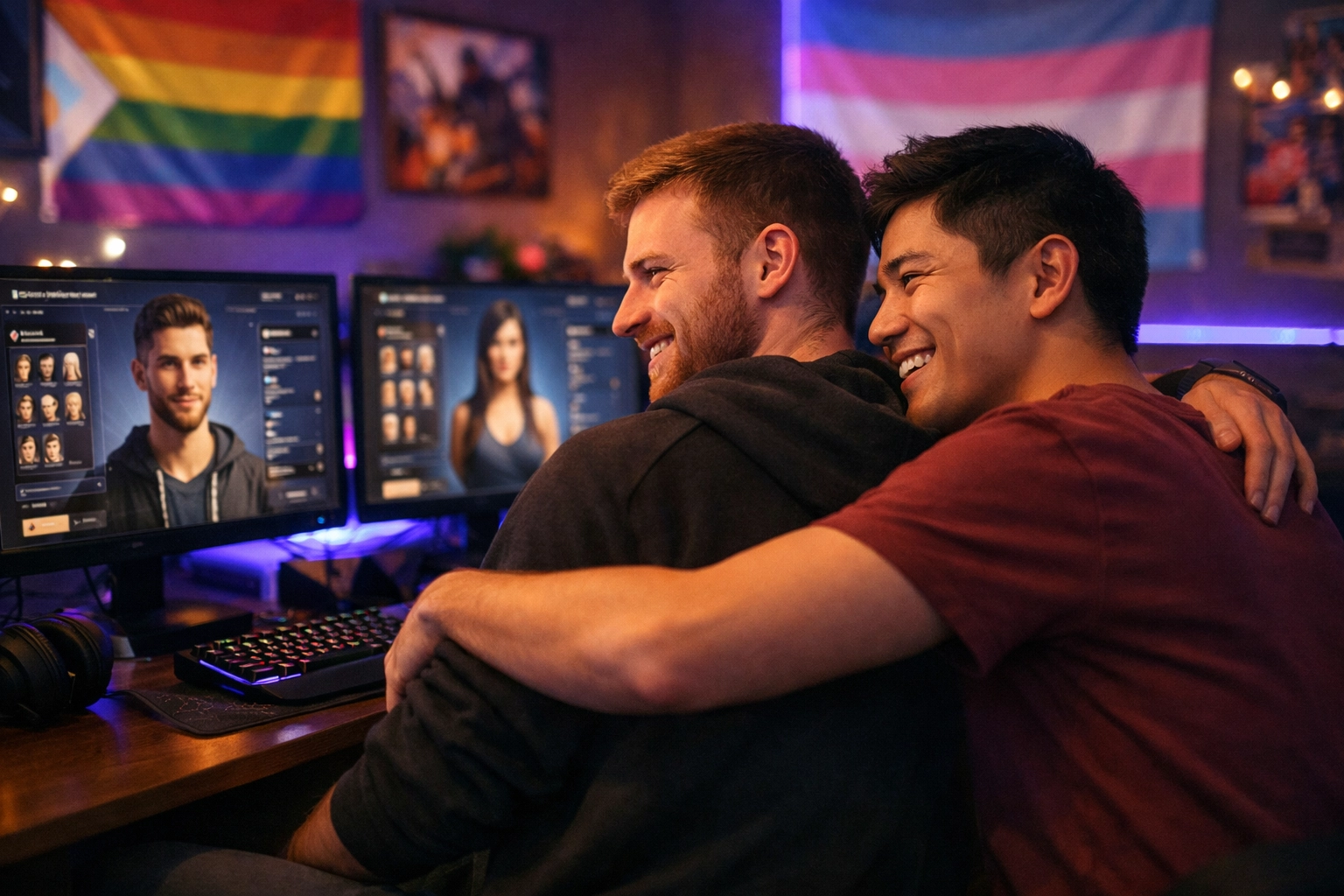 Two gay gamers creating characters together in LGBTQ+ gaming room with pride flags