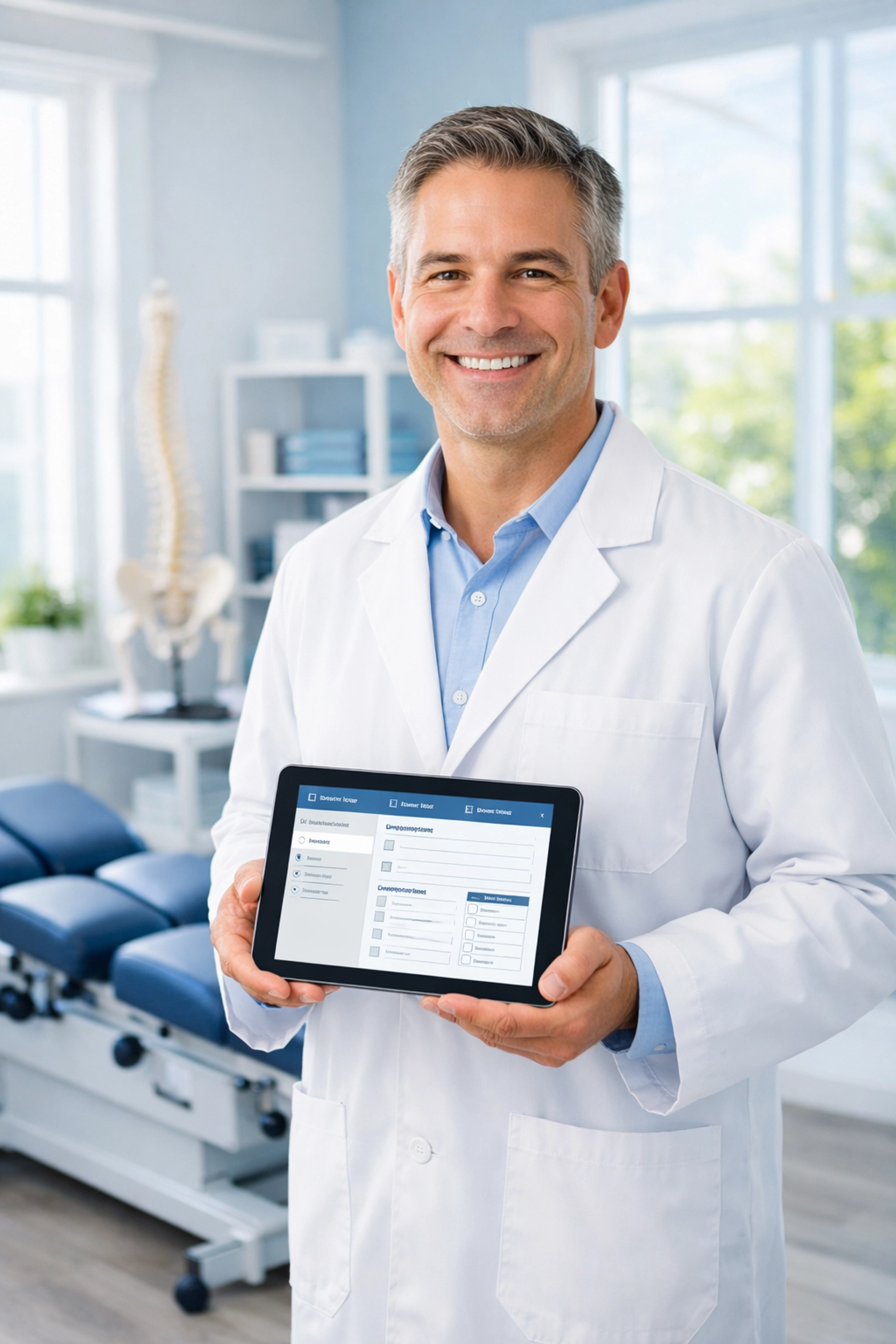 Happy chiropractor using tablet for efficient AI-powered documentation in treatment room