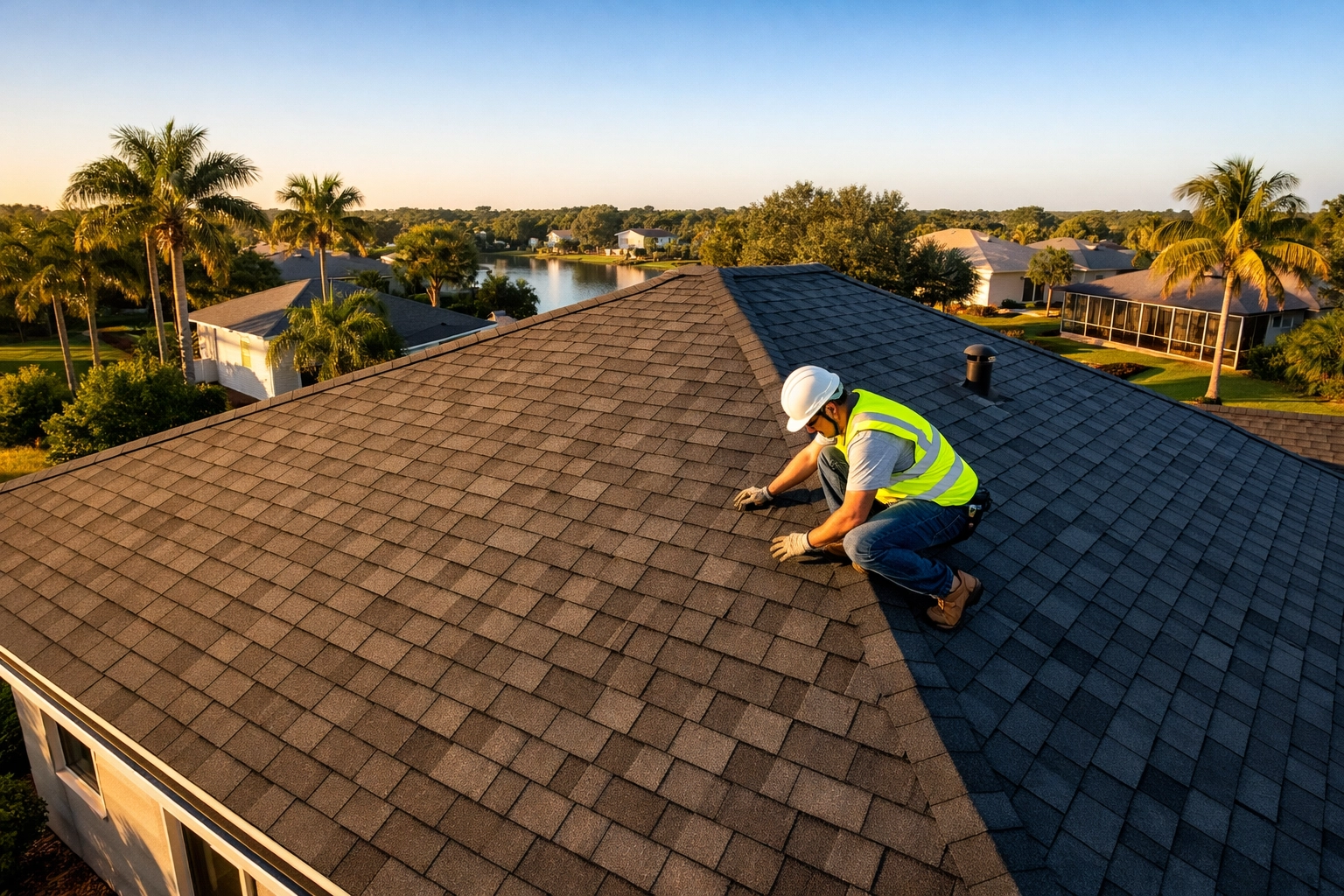 Licensed roofing contractor inspecting Florida residential roof for hurricane season