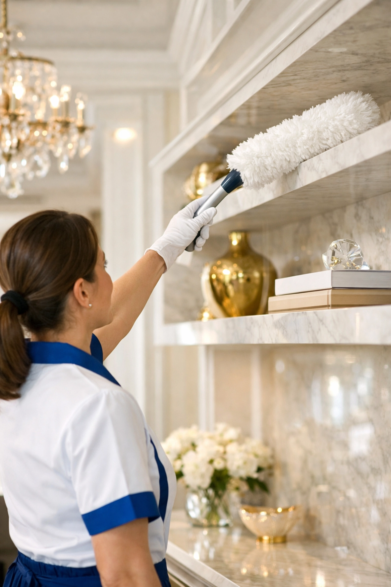 Professional cleaner dusting high shelves during a deep house cleaning Ashby MA service.