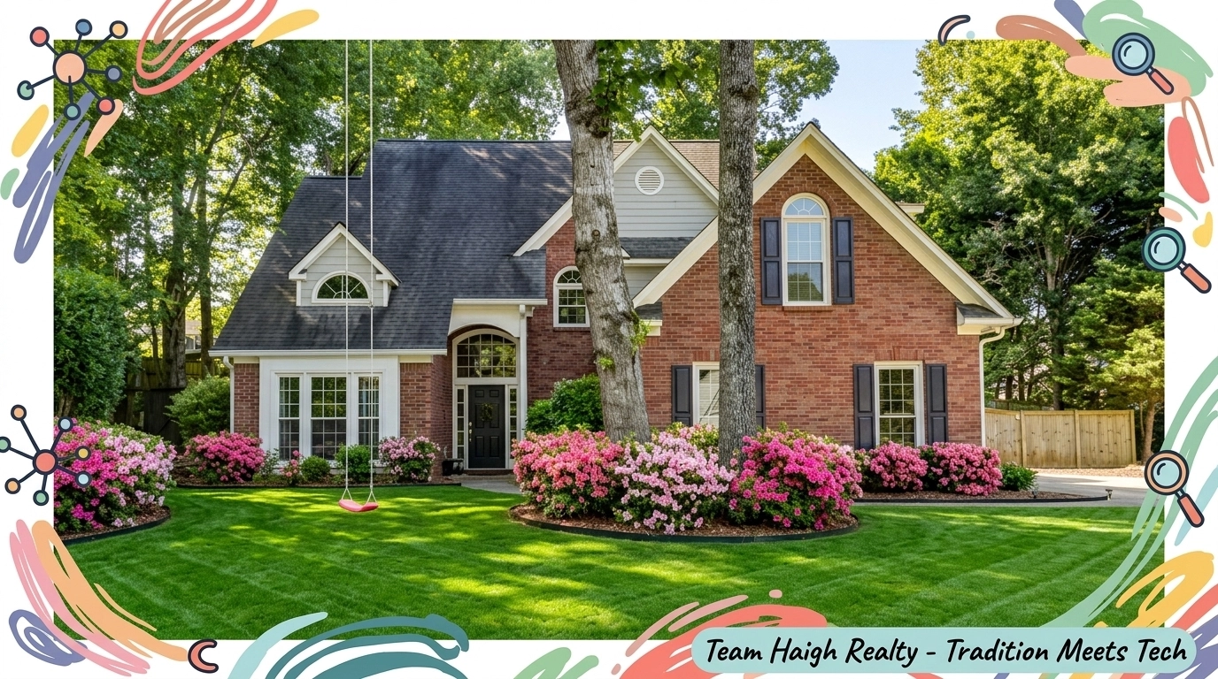 Stunning traditional brick home in Kennesaw, Georgia, with pink azaleas and hand-drawn accents Stunning traditional brick home in Kennesaw, Georgia, with pink azaleas and hand-drawn accents