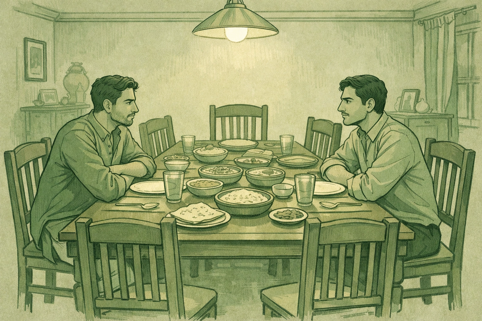 Step-brothers at Indian family dinner table navigating blended family dynamics and hidden attraction