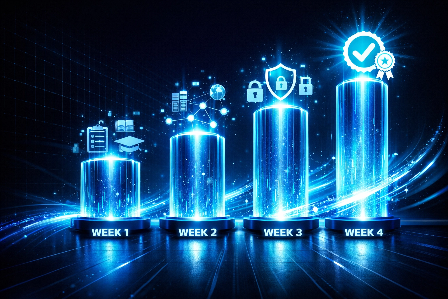 Four-week CMMC compliance implementation timeline showing progressive stages to certification