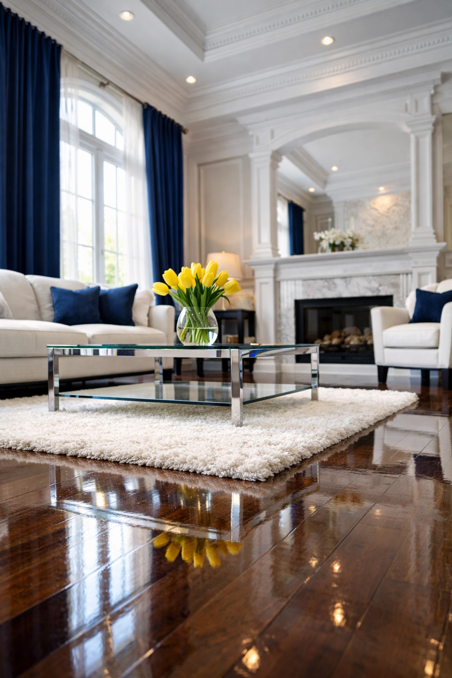A spotless luxury living room with gleaming hardwood floors after a house cleaning in Harvard.