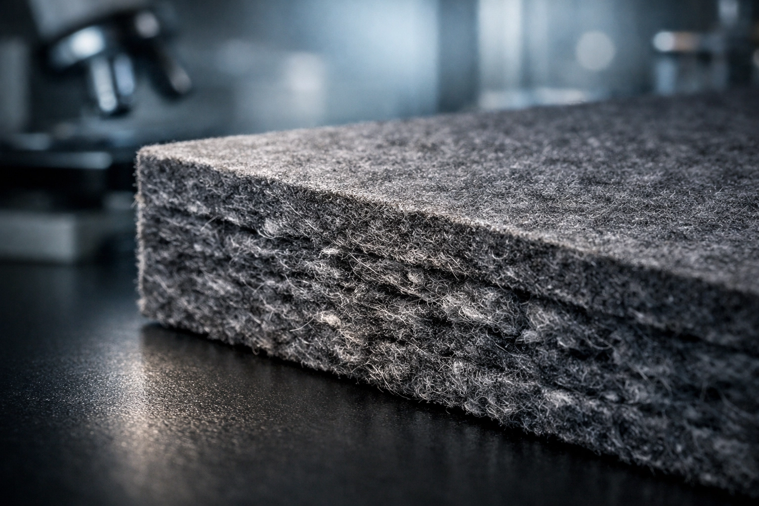 Close-up of high-density slate grey PET acoustic panel fibers showing durable sound-absorbing texture.