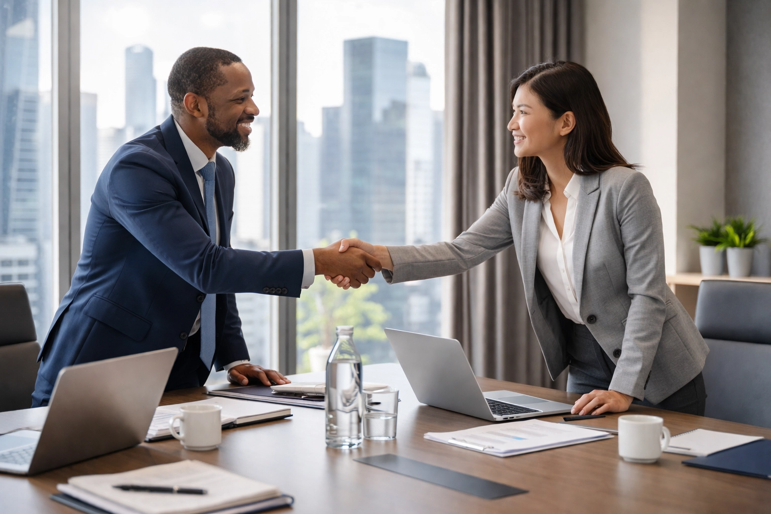 Business professionals shaking hands in a modern boardroom symbolizing successful brand partnership strategy