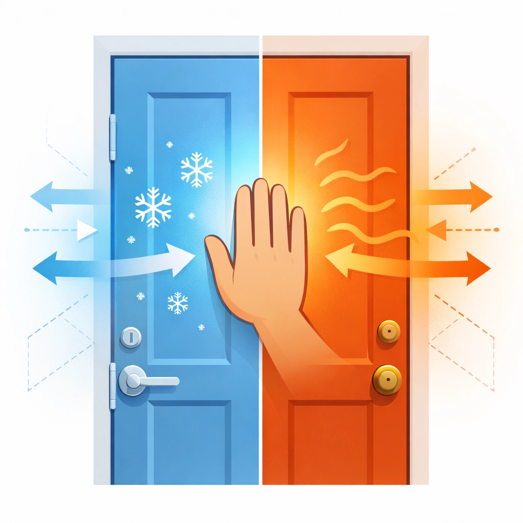 Hand testing door surface temperature revealing thermal bridging and heat loss