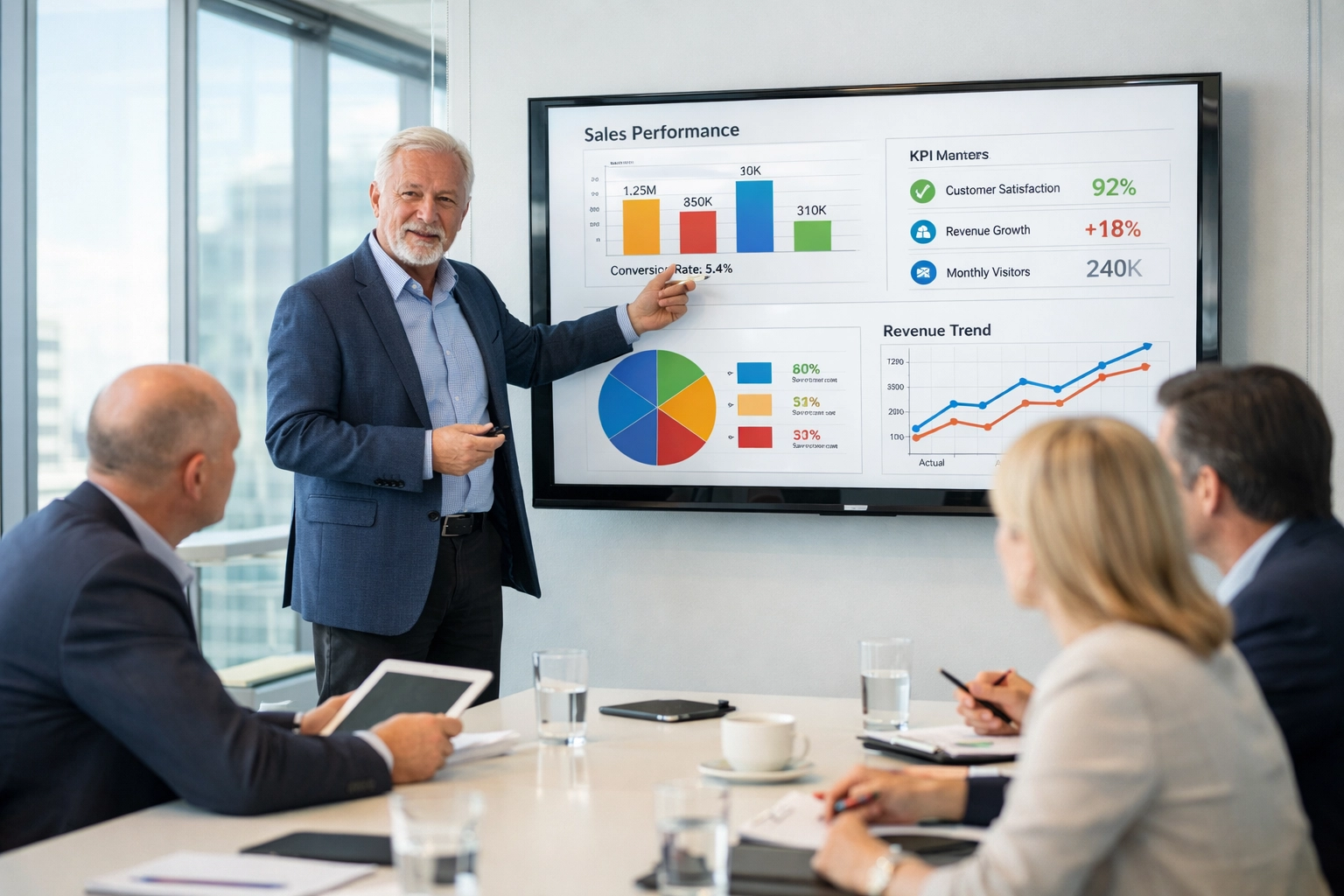 ServiceNow consulting team presenting KPI metrics and performance dashboards to executives in meeting room