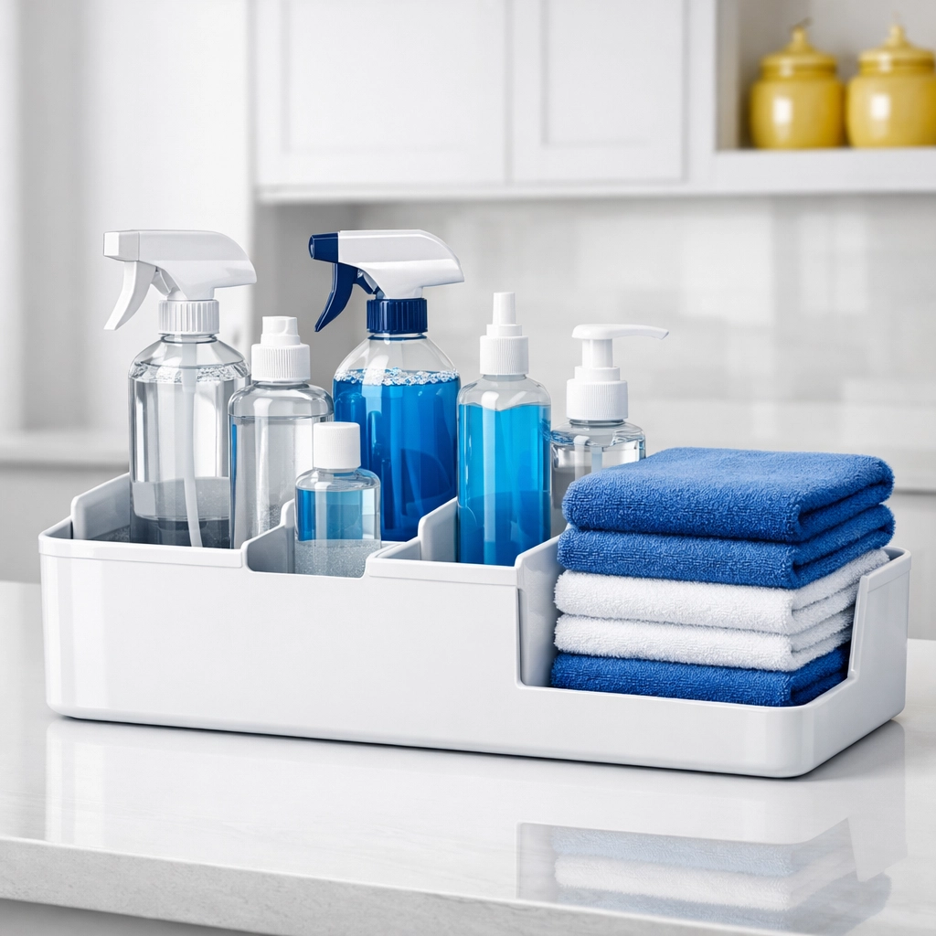 Organized caddy with professional cleaning supplies for high-end apartment cleaning in Maynard.