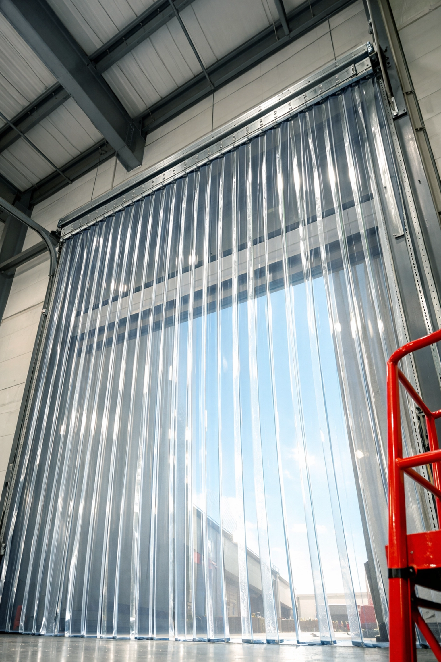 Bespoke made-to-measure industrial PVC strip curtains installed on a high-clearance warehouse doorway.