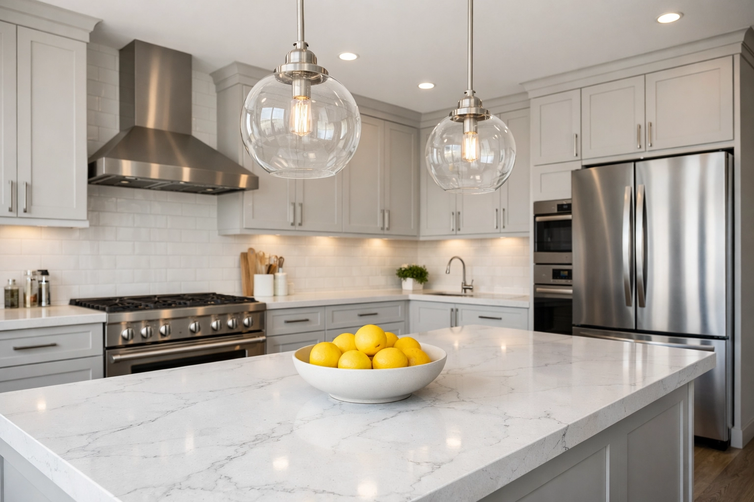 Modern kitchen renovation in Orlando featuring white quartz countertops and grey shaker cabinetry.
