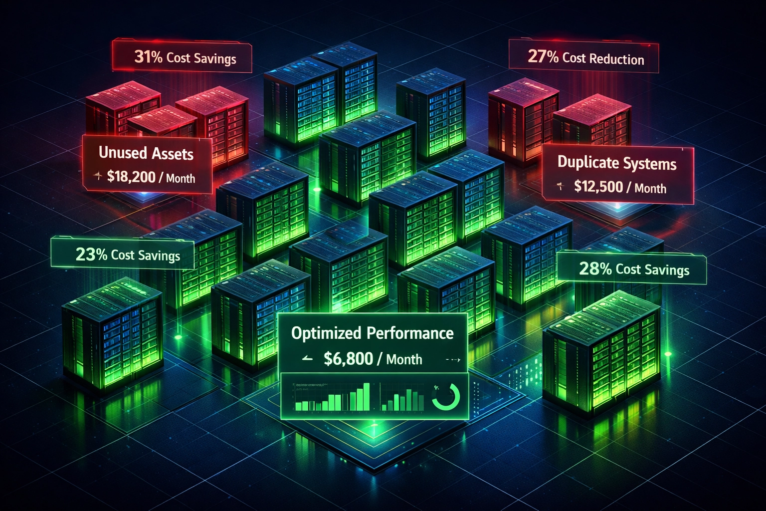 ServiceNow ITOM infrastructure optimization revealing 23-31% unused assets and cost savings opportunities