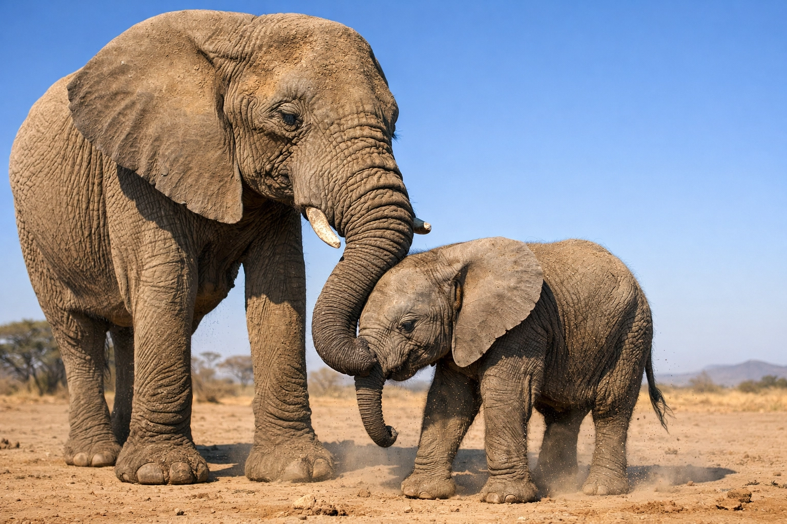 African elephant mother and calf on a sunny plain, perfect for emotional wildlife storytelling and conservation.