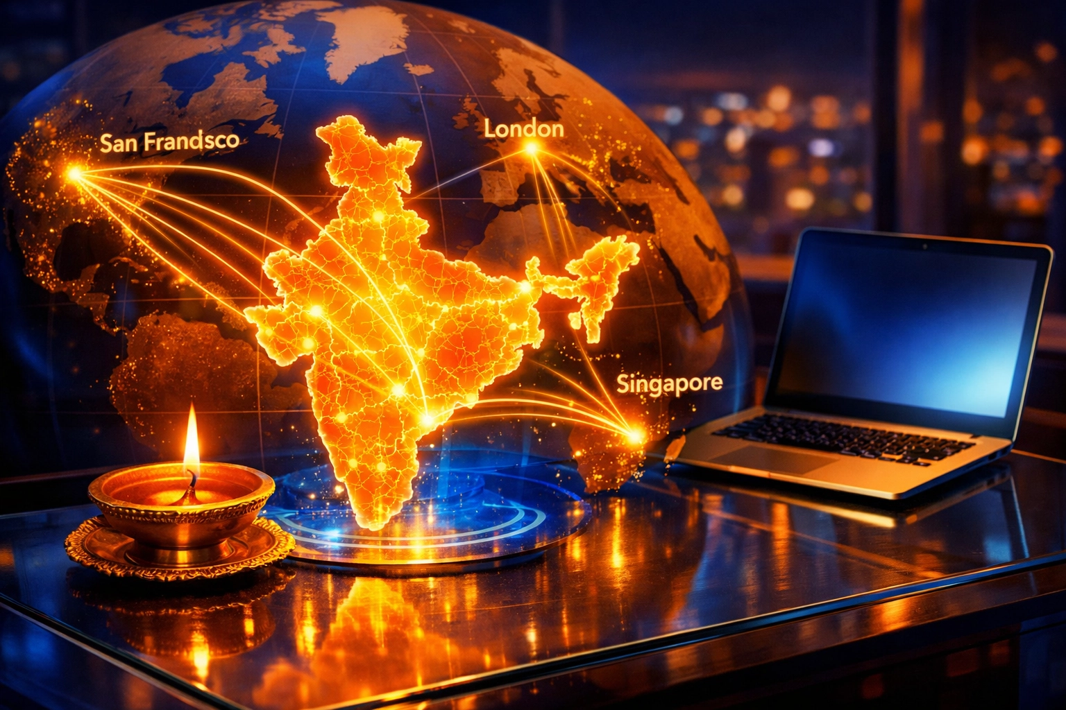 Visual representation of a bootstrapped Indian startup scaling globally from its Bharat roots to world markets.