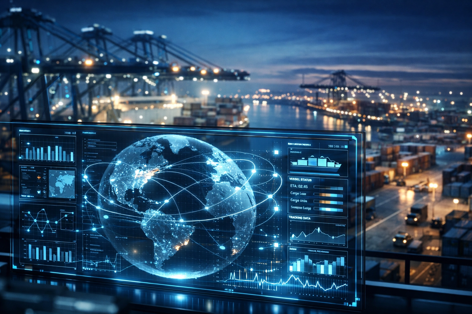 Real-time global supply chain tracking and data analytics dashboard overlooking an automated shipping port.